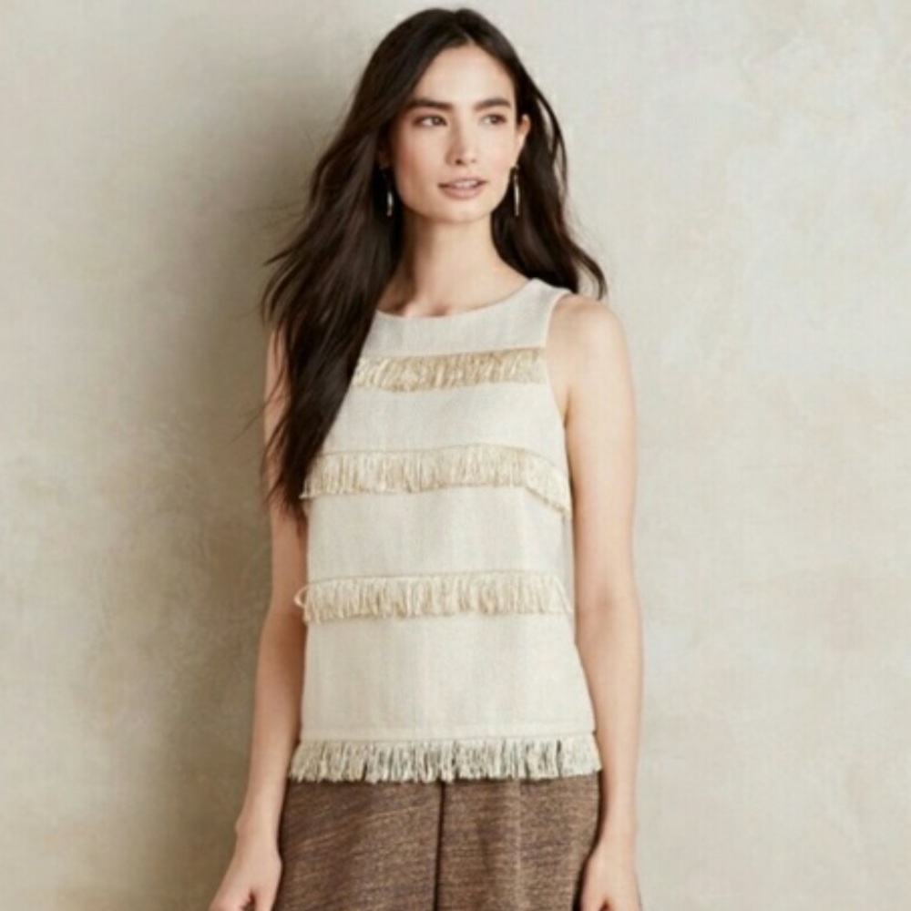 Anthro Sunday in Brooklyn Gold Shimmer Fringe Top